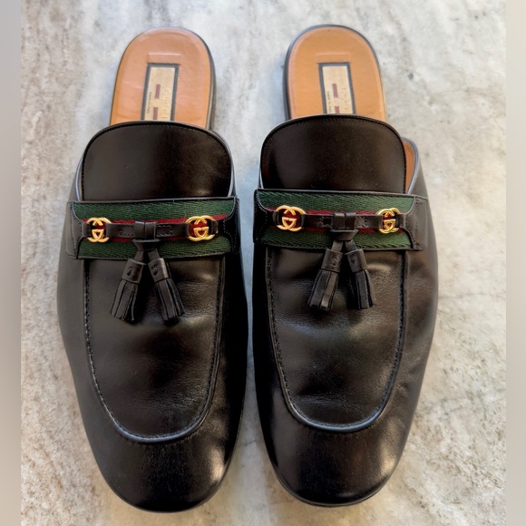 GUCCI PRINCETOWN BLACK LEATHER WEB TASSEL SLIPPER MULE 13/ 13.5 US LOAFER PARIDE - Picture 2 of 12